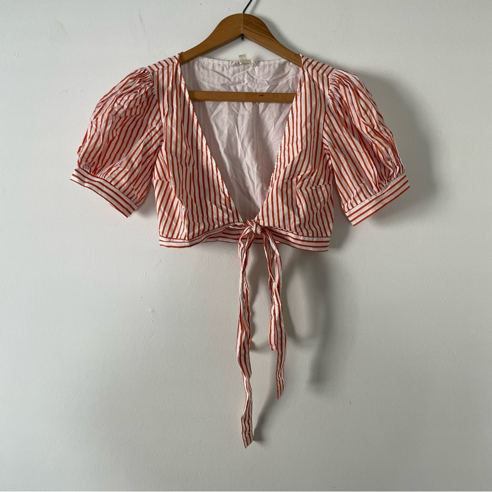 For Love and Lemons Orange and White Stripe Puff Short Sleeve Cropped Tie Top XS